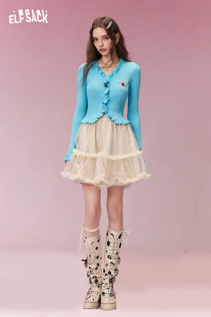 ELFSACK Sweet Polka Dot Mesh Tiered Ruffle Cake Skirt