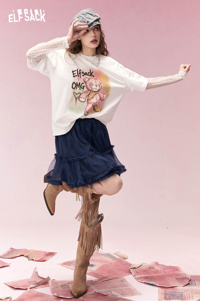 ELFSACK Sweet Polka Dot Mesh Tiered Ruffle Cake Skirt