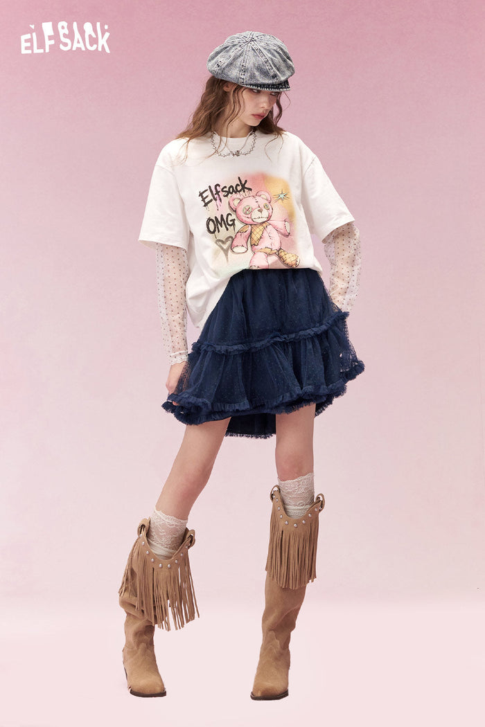 ELFSACK Sweet Polka Dot Mesh Tiered Ruffle Cake Skirt
