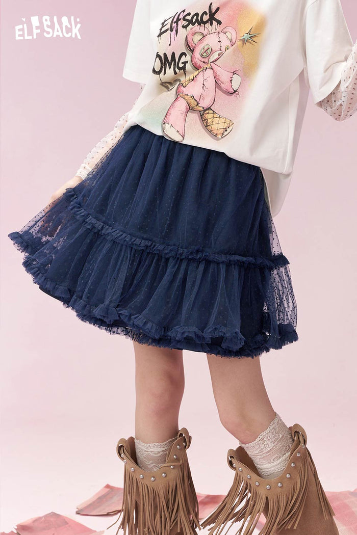 ELFSACK Sweet Polka Dot Mesh Tiered Ruffle Cake Skirt