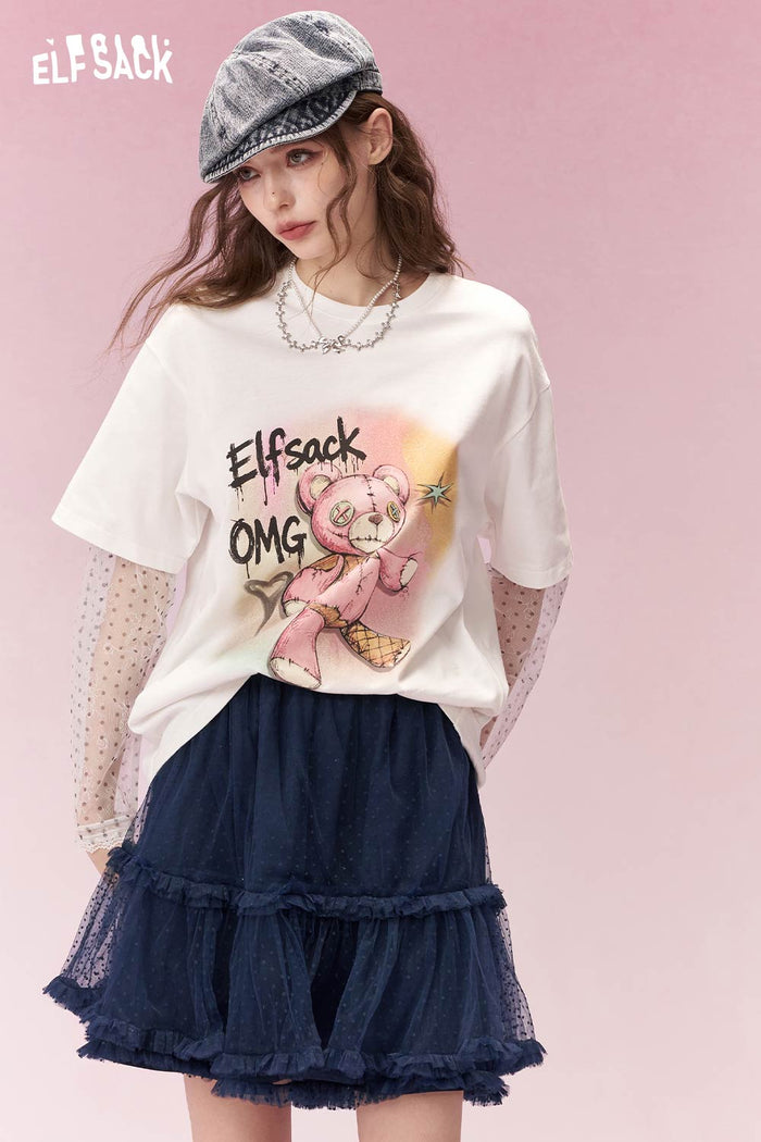 ELFSACK Sweet Polka Dot Mesh Tiered Ruffle Cake Skirt