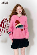 ELFSACK Sweet Rainbow Pony Jacquard Round Neck Faux Fur Pullover Sweater