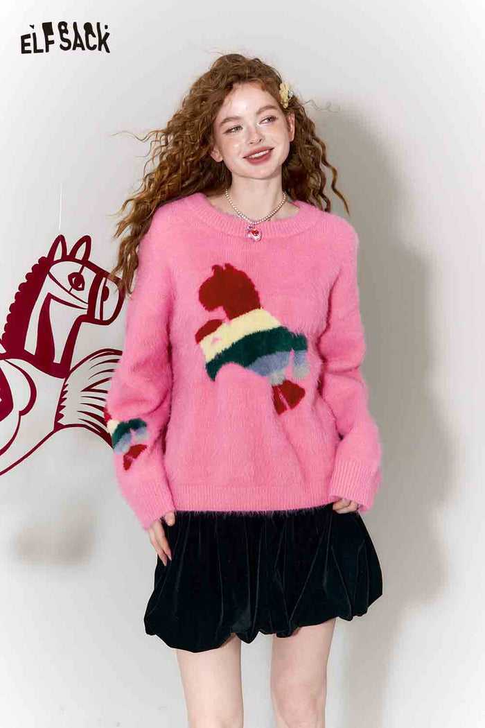 ELFSACK Sweet Rainbow Pony Jacquard Round Neck Faux Fur Pullover Sweater