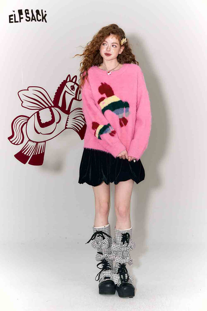 ELFSACK Sweet Rainbow Pony Jacquard Round Neck Faux Fur Pullover Sweater
