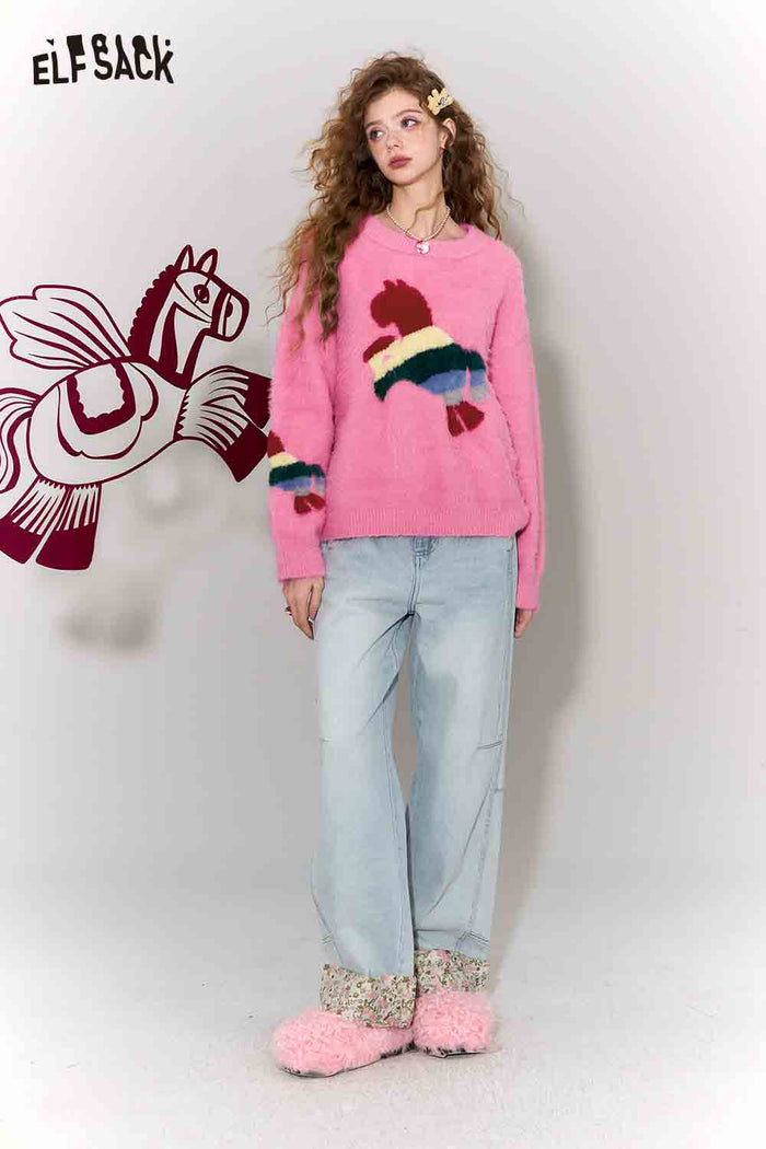 ELFSACK Sweet Rainbow Pony Jacquard Round Neck Faux Fur Pullover Sweater