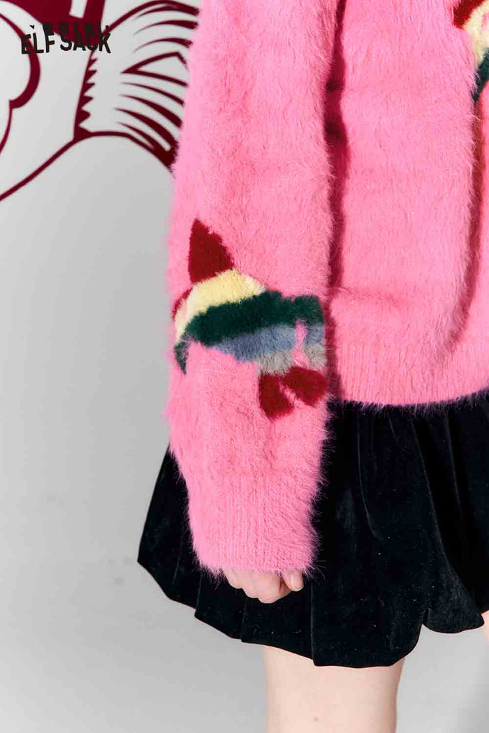ELFSACK Sweet Rainbow Pony Jacquard Round Neck Faux Fur Pullover Sweater