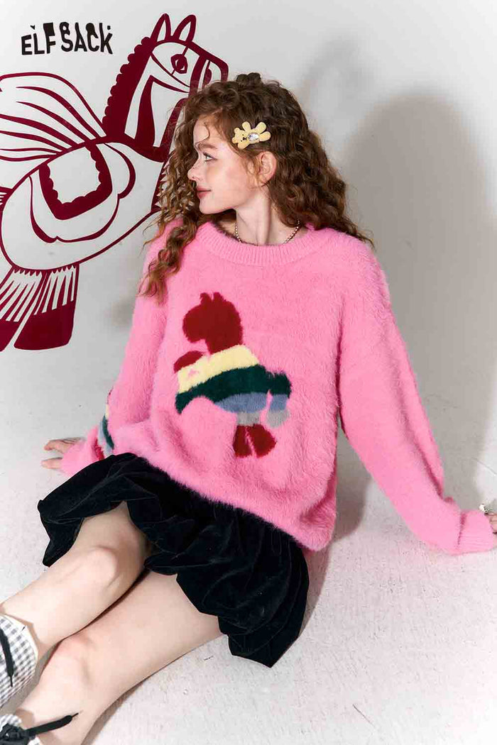 ELFSACK Sweet Rainbow Pony Jacquard Round Neck Faux Fur Pullover Sweater