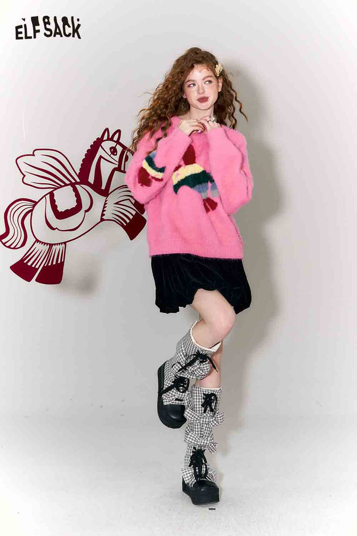 ELFSACK Sweet Rainbow Pony Jacquard Round Neck Faux Fur Pullover Sweater