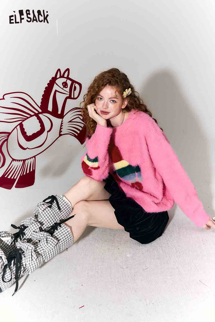 ELFSACK Sweet Rainbow Pony Jacquard Round Neck Faux Fur Pullover Sweater