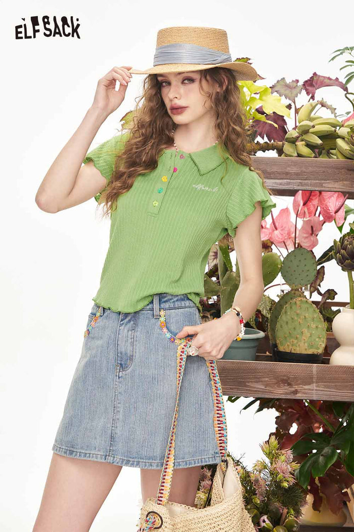 ELFSACK Sweet Ribbed Ruffle Sleeve Polo Top