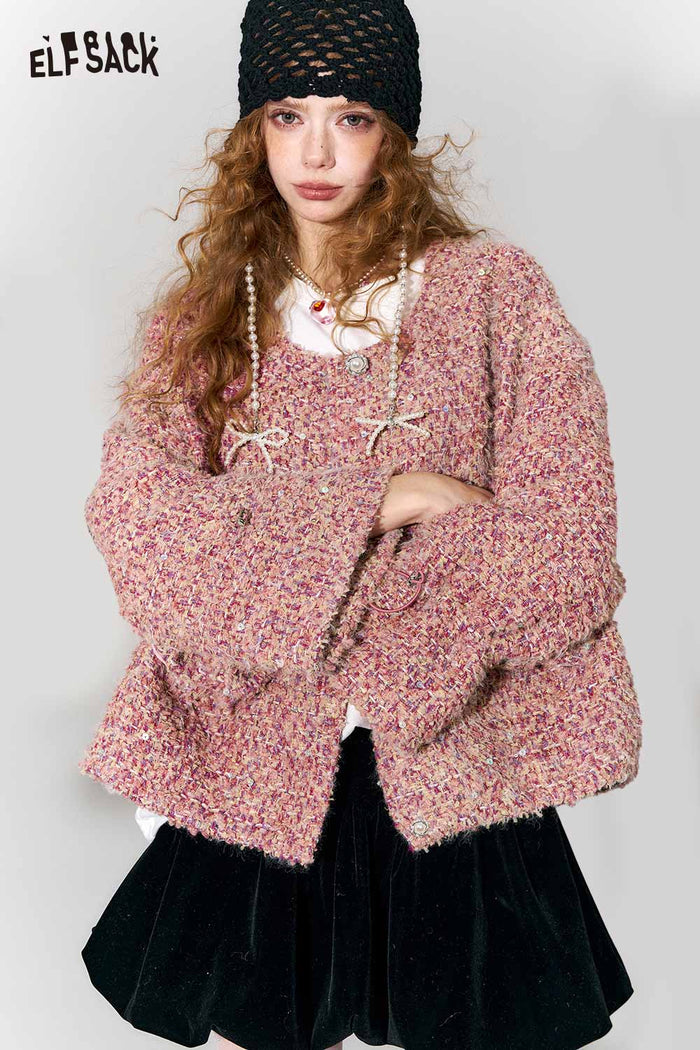 ELFSACK Sweet Round Neck Metal Button Bow Short Faux Wool Jacket