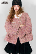 ELFSACK Sweet Round Neck Metal Button Bow Short Faux Wool Jacket