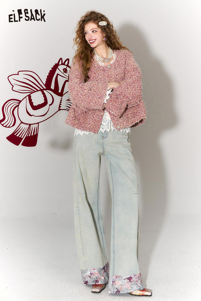 ELFSACK Sweet Round Neck Metal Button Bow Short Faux Wool Jacket