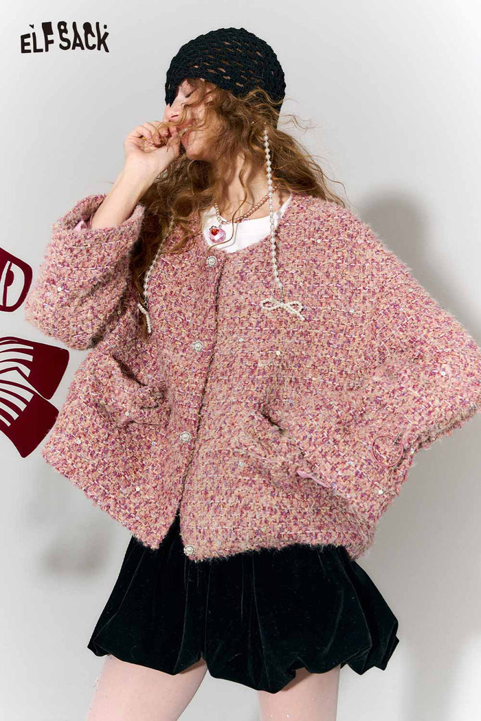 ELFSACK Sweet Round Neck Metal Button Bow Short Faux Wool Jacket