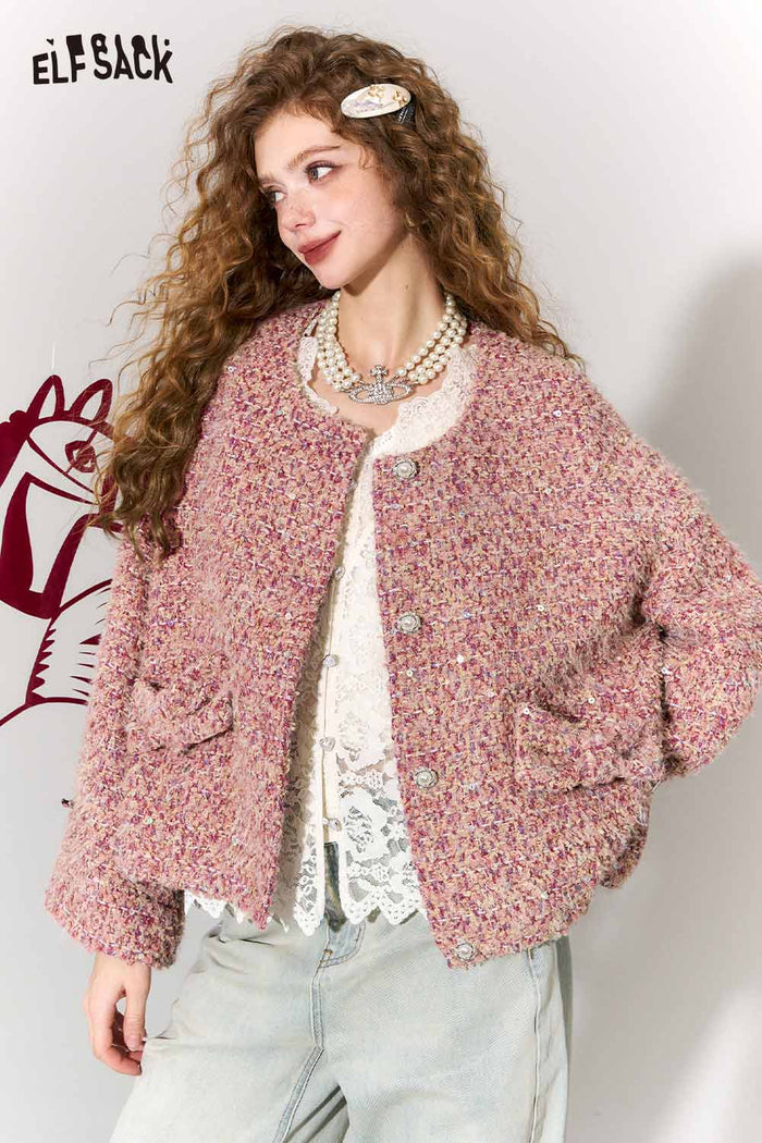 ELFSACK Sweet Round Neck Metal Button Bow Short Faux Wool Jacket