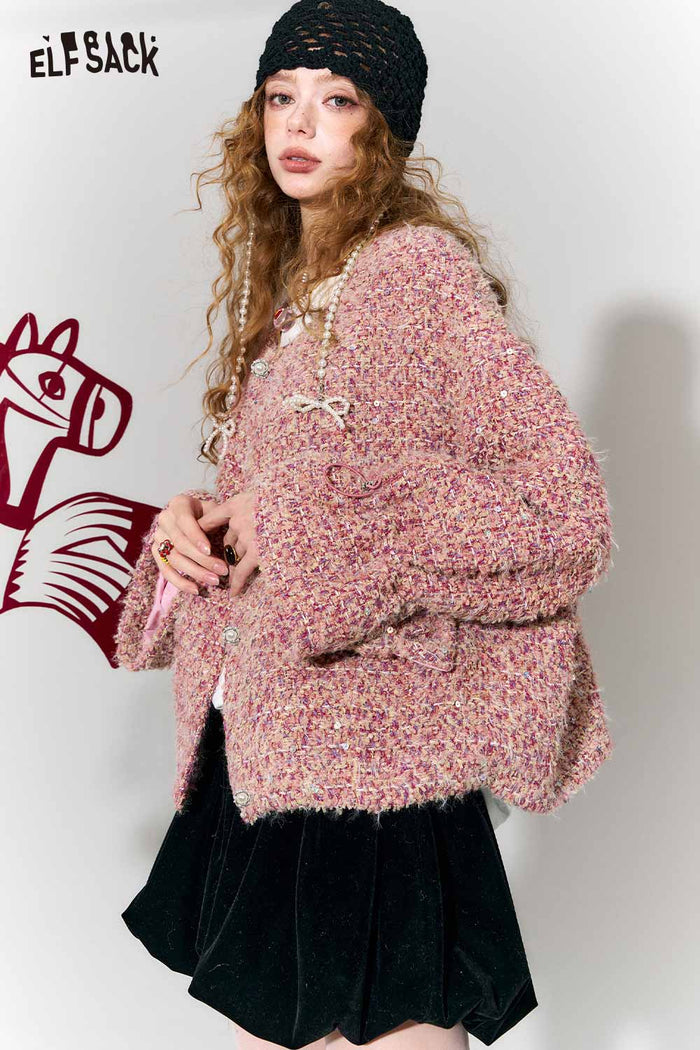 ELFSACK Sweet Round Neck Metal Button Bow Short Faux Wool Jacket