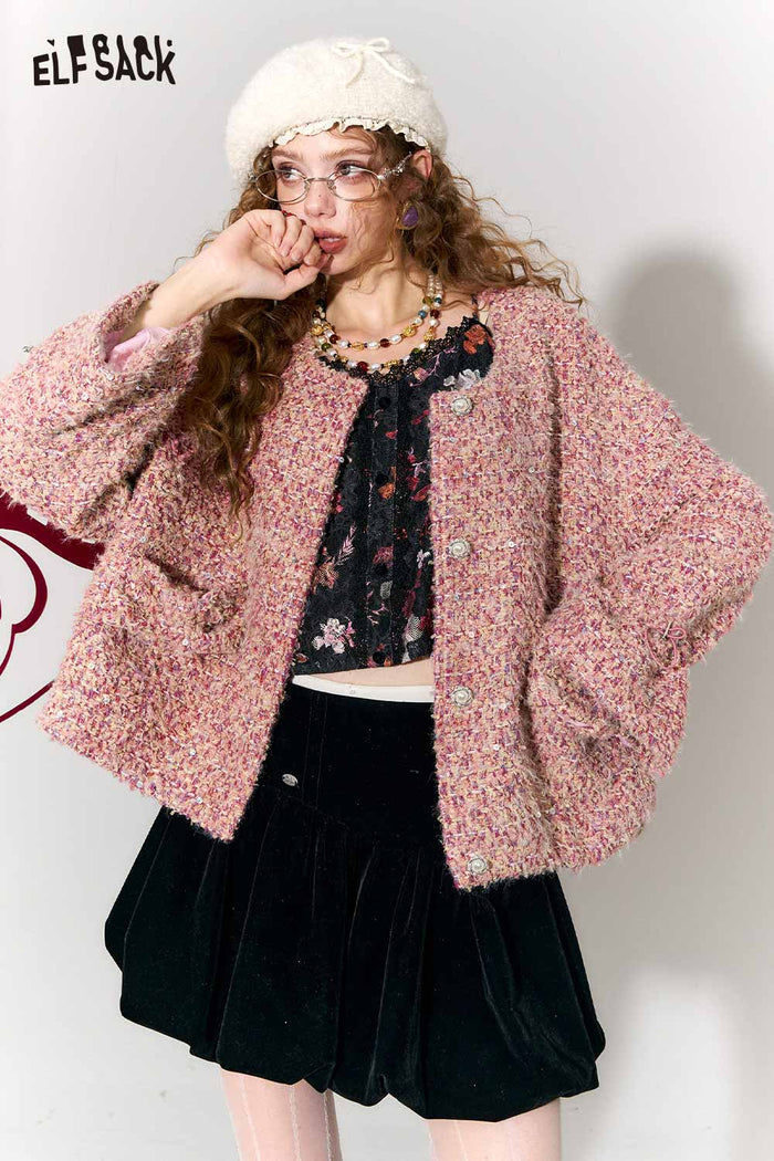 ELFSACK Sweet Round Neck Metal Button Bow Short Faux Wool Jacket