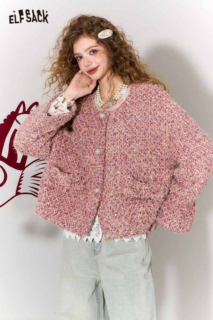 ELFSACK Sweet Round Neck Metal Button Bow Short Faux Wool Jacket