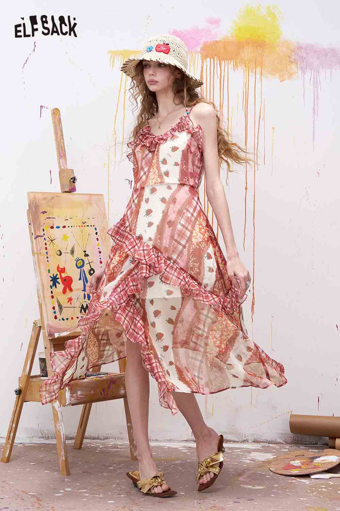 ELFSACK Sweet Sleeveless Maxi Dress with Gingham Ruffle Hem
