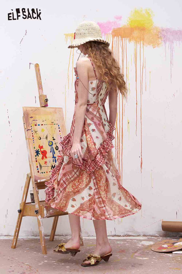 ELFSACK Sweet Sleeveless Maxi Dress with Gingham Ruffle Hem