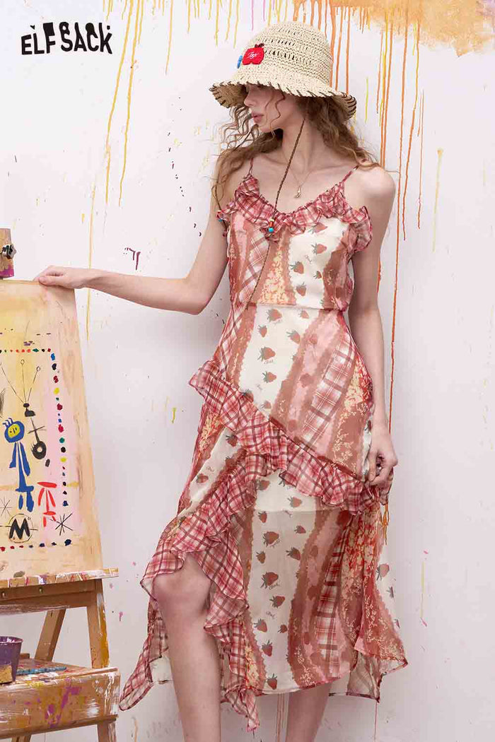 ELFSACK Sweet Sleeveless Maxi Dress with Gingham Ruffle Hem