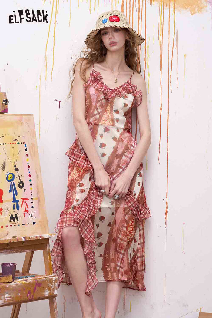 ELFSACK Sweet Sleeveless Maxi Dress with Gingham Ruffle Hem