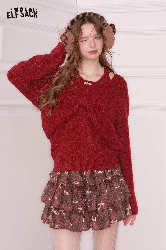 ELFSACK Sweet Solid Bow Embellished Cutout Neckline Sweater