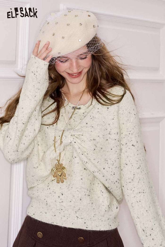 ELFSACK Sweet Solid Bow Embellished Cutout Neckline Sweater