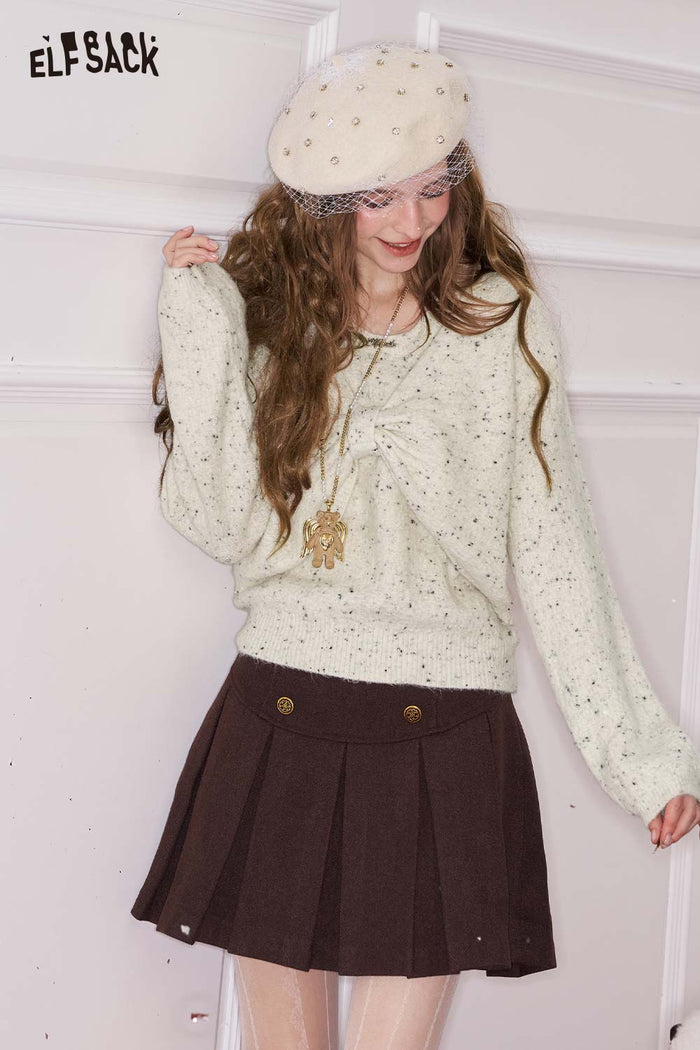 ELFSACK Sweet Solid Bow Embellished Cutout Neckline Sweater