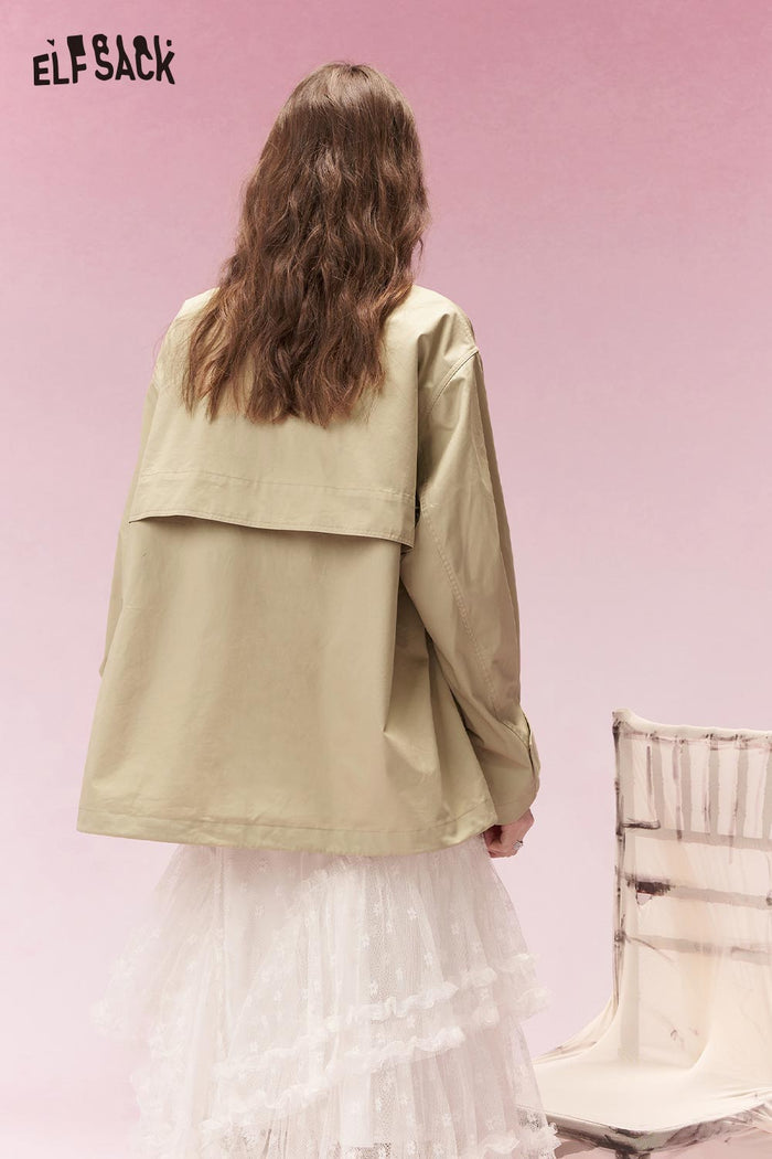 ELFSACK Techwear Drawstring Pocket Stand Collar Loose Fit Cargo Trench Coat