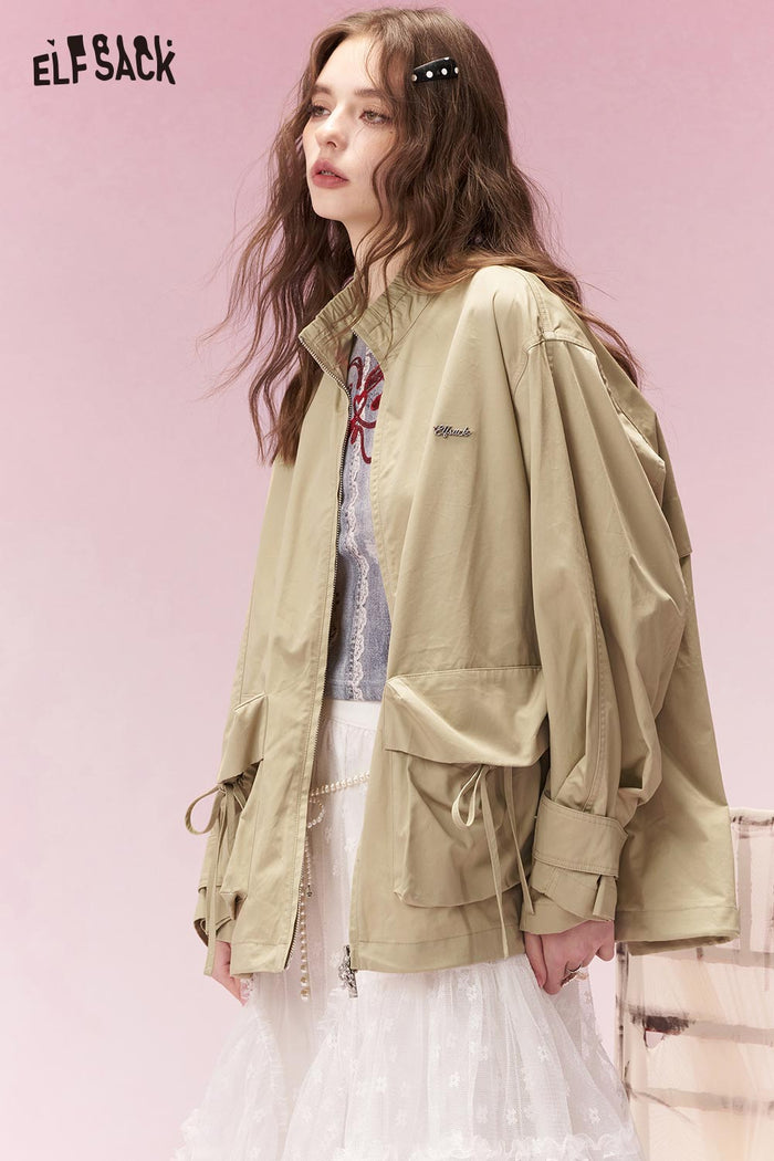 ELFSACK Techwear Drawstring Pocket Stand Collar Loose Fit Cargo Trench Coat