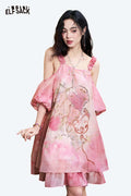 ELFSACK Tie-Dye Jacquard Halter Off Shoulder Midi Dress
