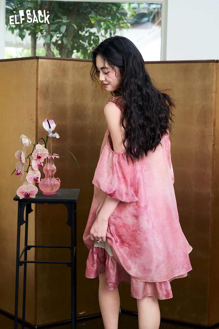 ELFSACK Tie-Dye Jacquard Halter Off Shoulder Midi Dress