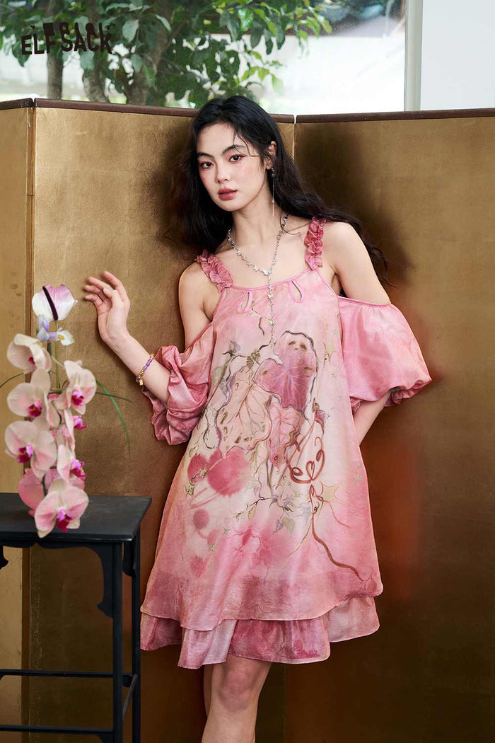 ELFSACK Tie-Dye Jacquard Halter Off Shoulder Midi Dress
