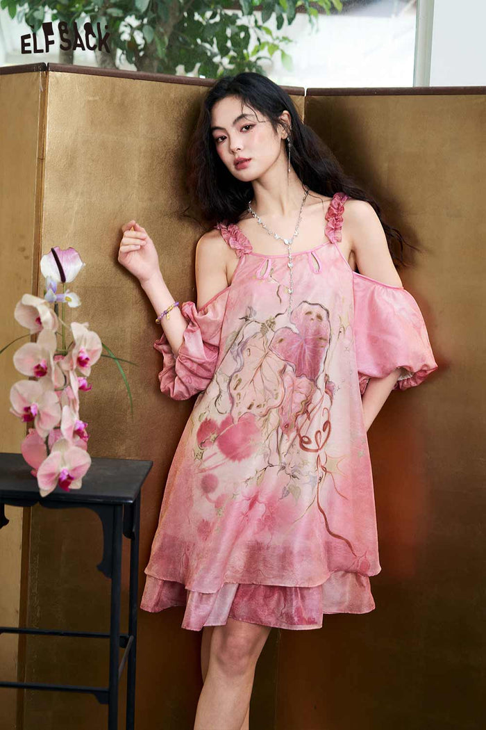 ELFSACK Tie-Dye Jacquard Halter Off Shoulder Midi Dress