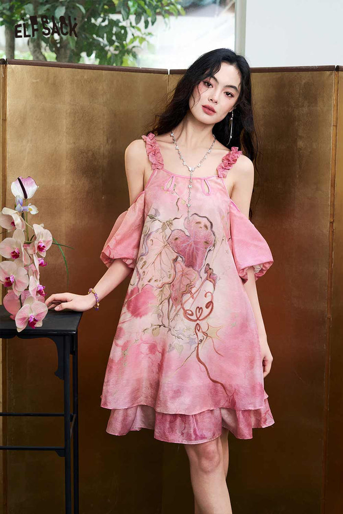 ELFSACK Tie-Dye Jacquard Halter Off Shoulder Midi Dress