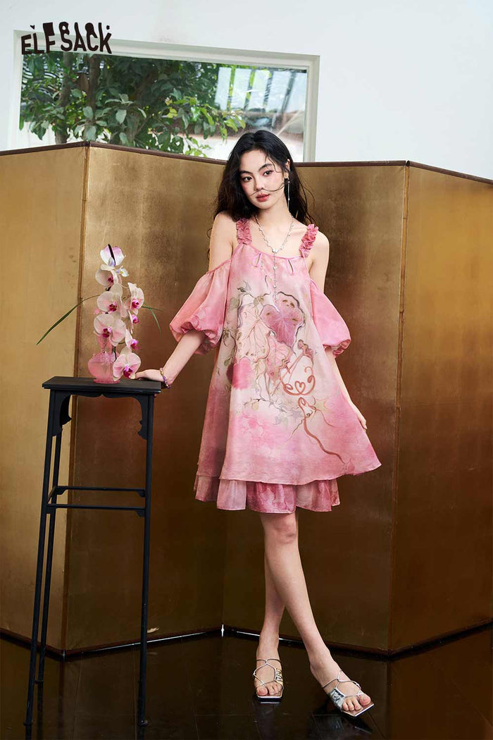 ELFSACK Tie-Dye Jacquard Halter Off Shoulder Midi Dress
