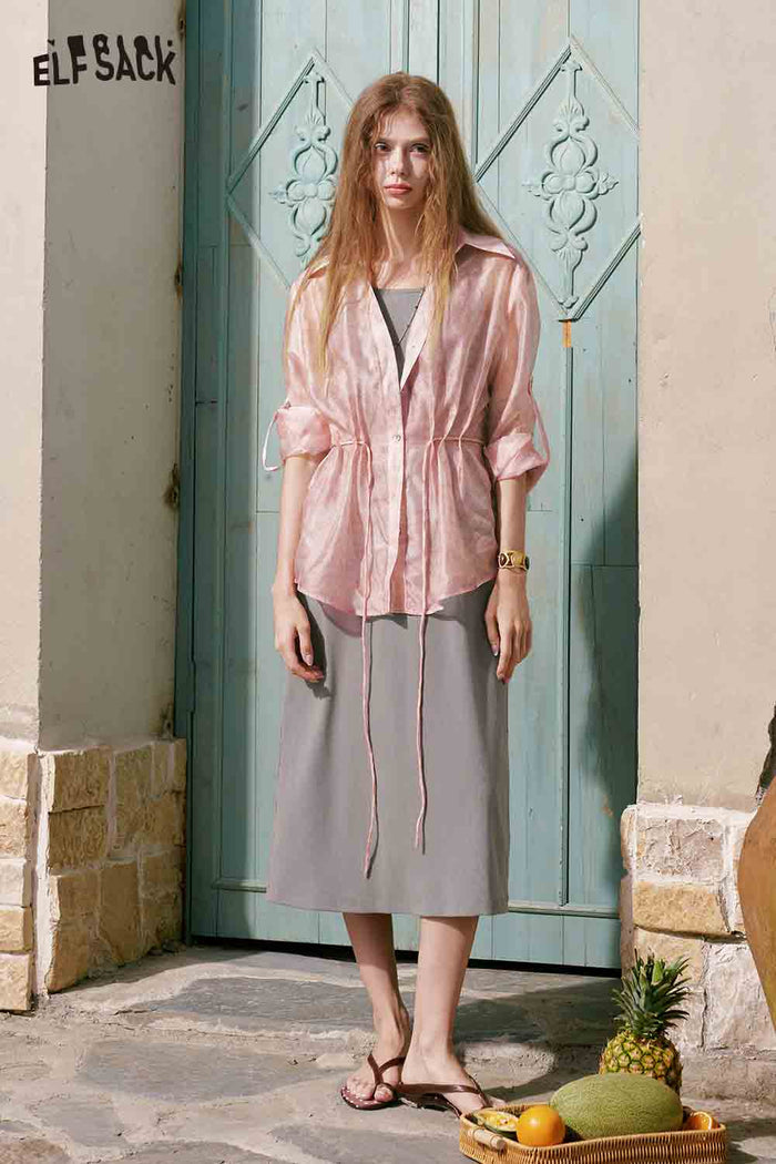 ELFSACK Tie Waist Sheer Shirt Maxi Skirt Set