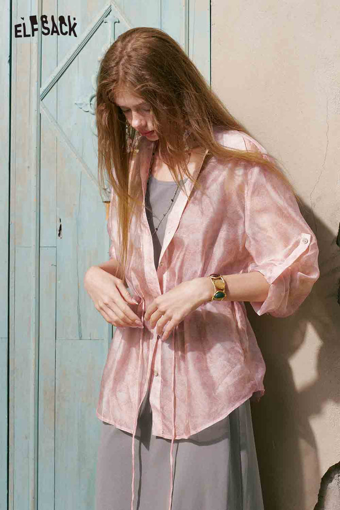 ELFSACK Tie Waist Sheer Shirt Maxi Skirt Set