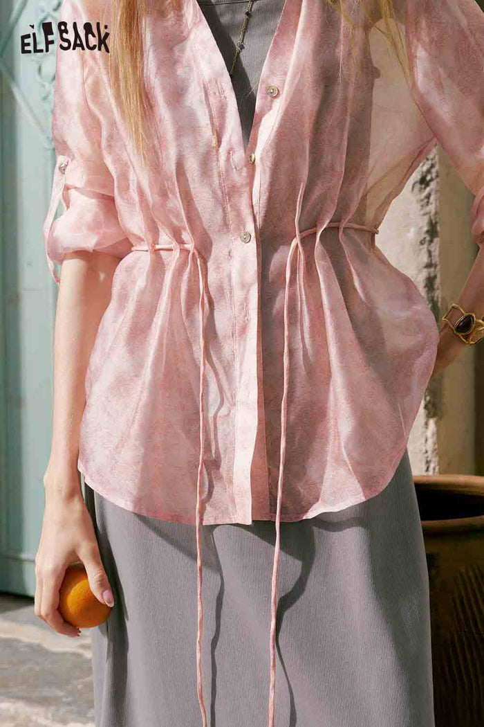 ELFSACK Tie Waist Sheer Shirt Maxi Skirt Set