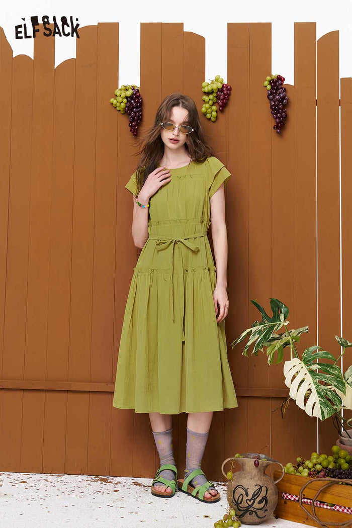 ELFSACK Tiered Ruffle Belted Short Sleeve Maxi Dress