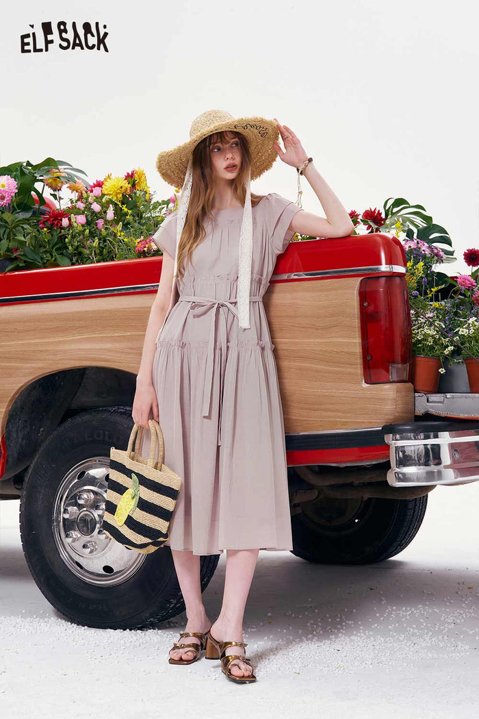 ELFSACK Tiered Ruffle Belted Short Sleeve Maxi Dress