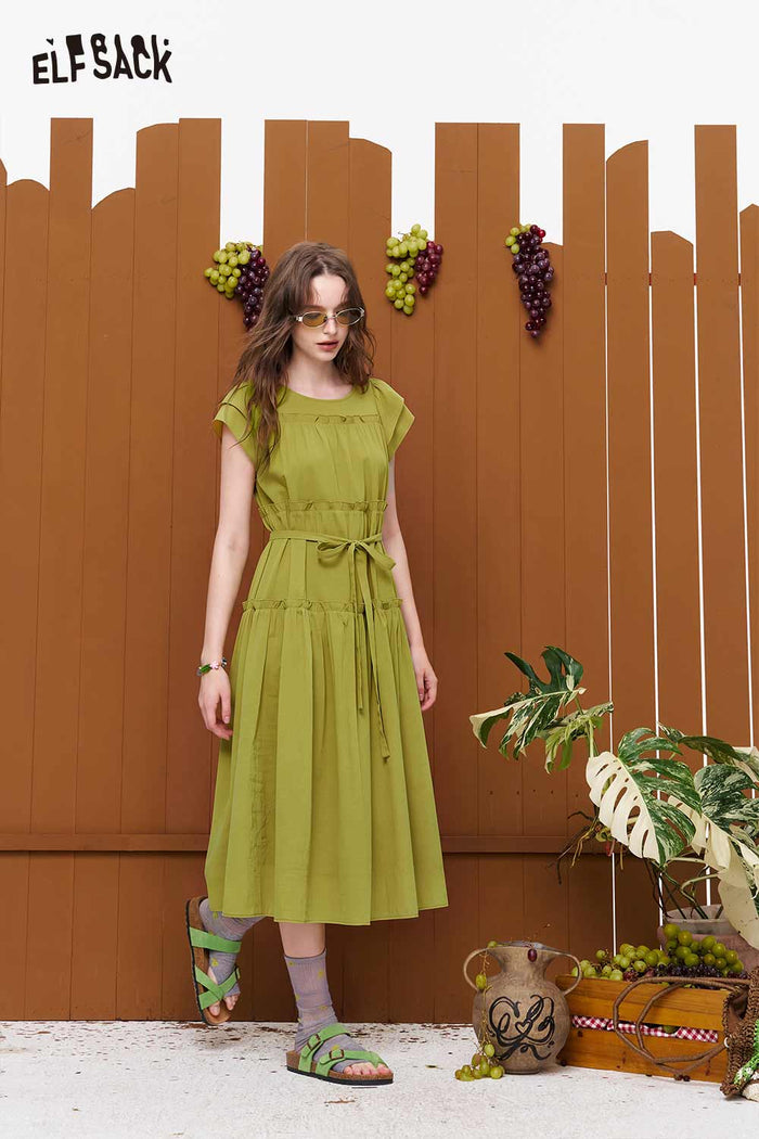 ELFSACK Tiered Ruffle Belted Short Sleeve Maxi Dress