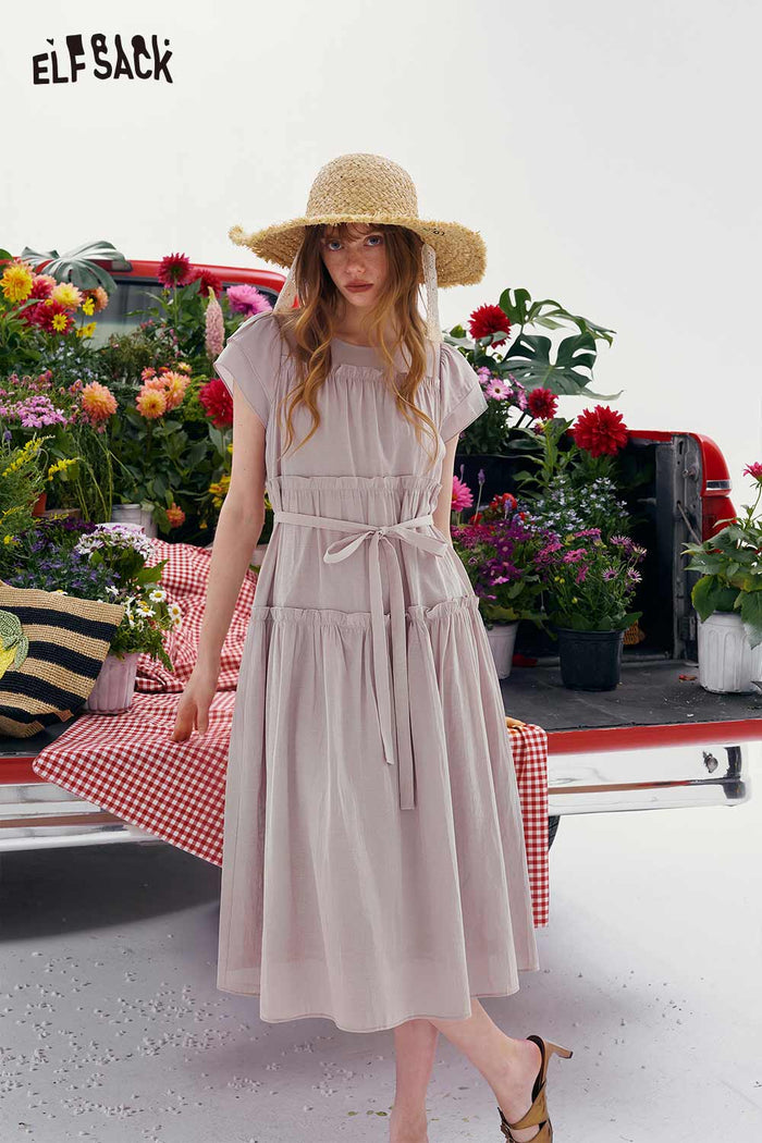 ELFSACK Tiered Ruffle Belted Short Sleeve Maxi Dress