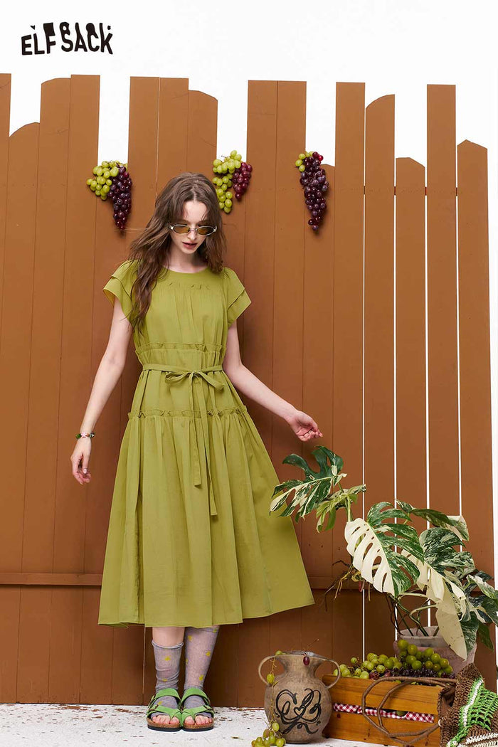 ELFSACK Tiered Ruffle Belted Short Sleeve Maxi Dress