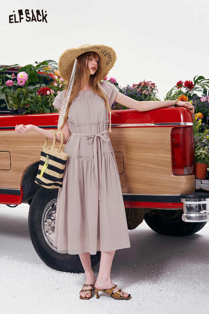 ELFSACK Tiered Ruffle Belted Short Sleeve Maxi Dress