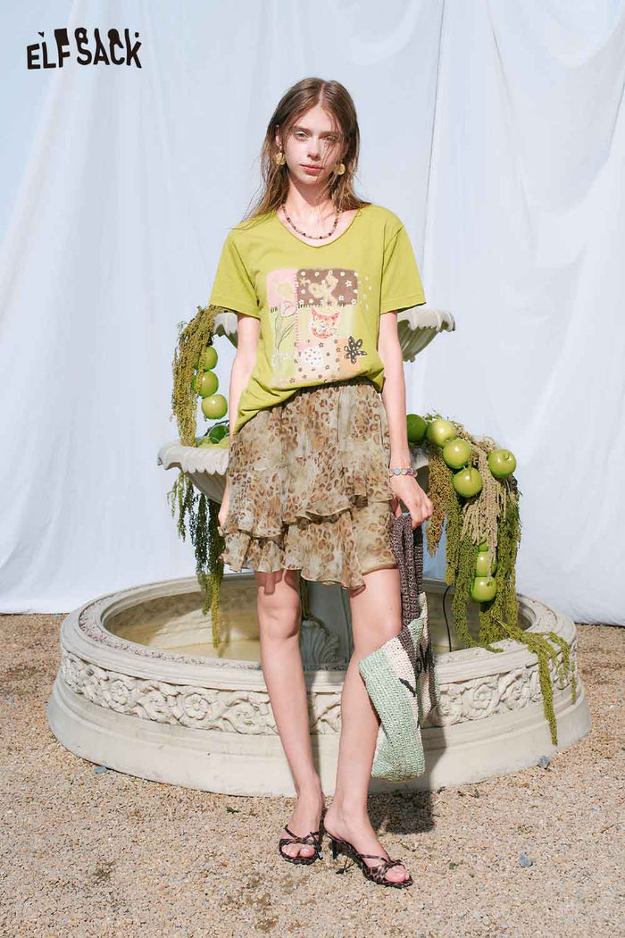 ELFSACK Tiered Ruffle Shimmery Leopard Mini Skirt