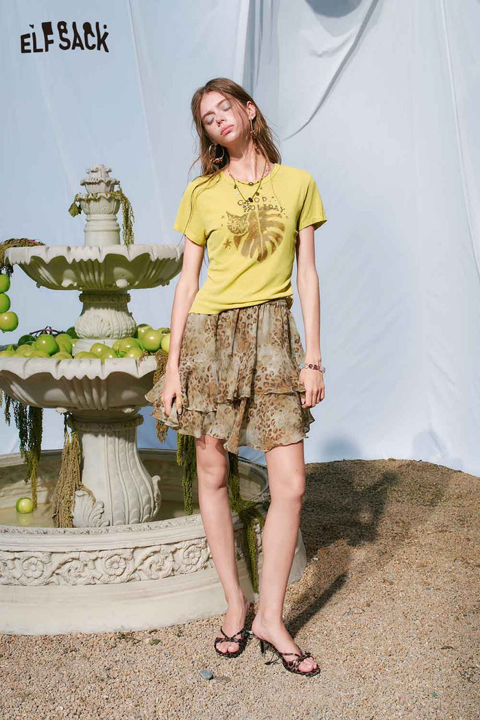 ELFSACK Tiered Ruffle Shimmery Leopard Mini Skirt