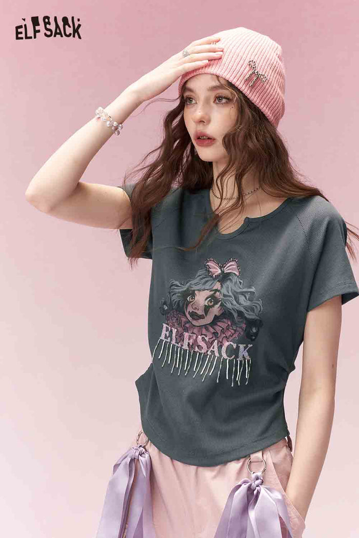 ELFSACK Trendy Clown Girl Print Shirred Fitted Short Sleeve Tshirt