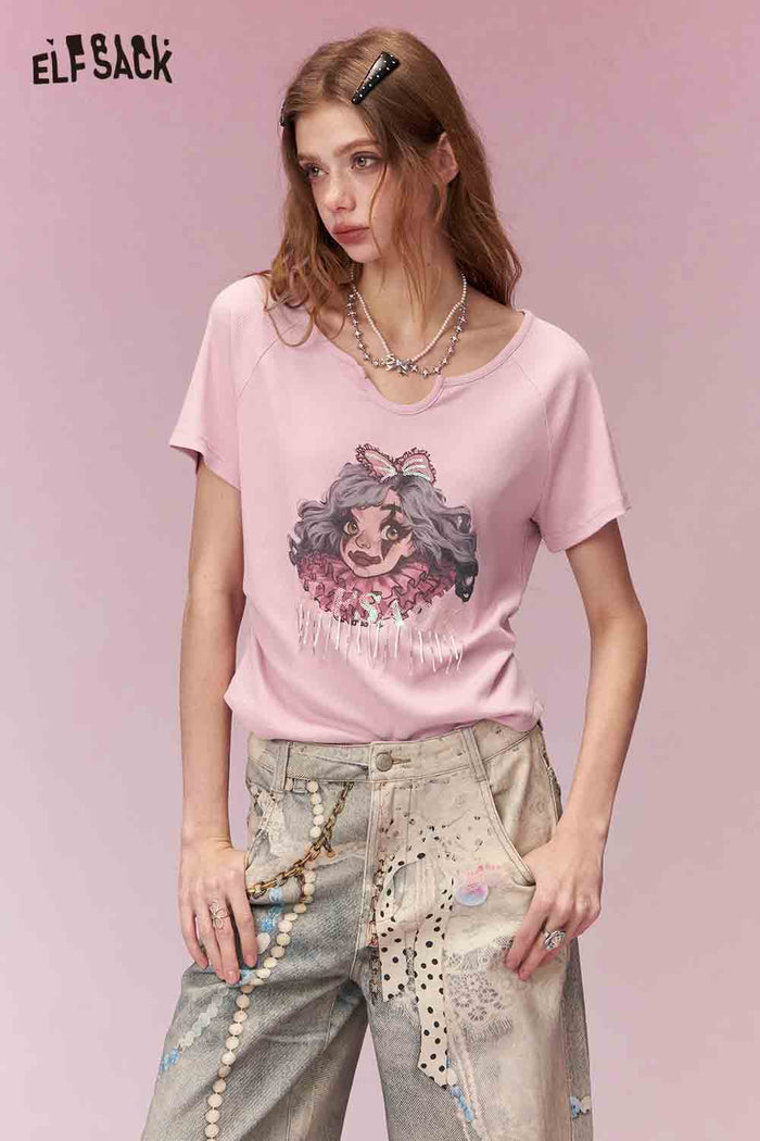 ELFSACK Trendy Clown Girl Print Shirred Fitted Short Sleeve Tshirt